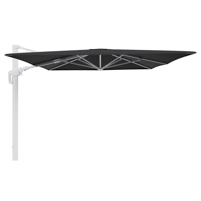Minore zweefparasol tiltfunctie in wit aluminium en parasoldoek in All Weather Sunbrella® Luxe Natte Sooty - L1 400 x L2 300 cm (zonder voet)