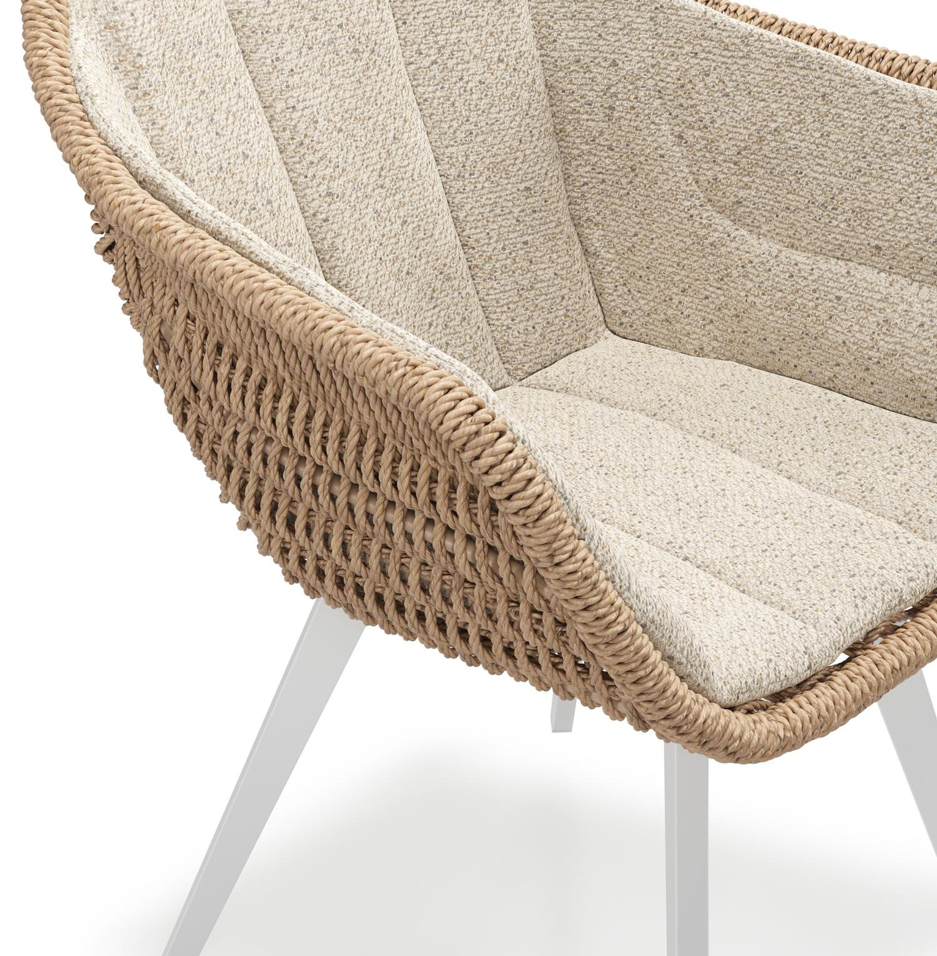 Pagino tuinstoel in wit aluminium en naturel ronde wicker met kussen in bora desert all weather cosytica