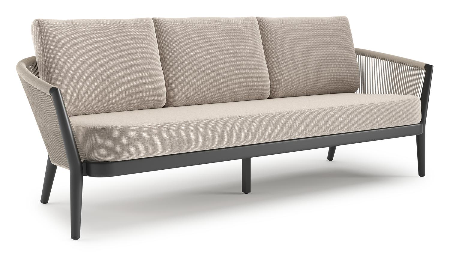 Orso loungebank in zwart aluminium en beige verticaal geweven ronde rope met Slow Farafra all weather sunbrella® luxe kussen