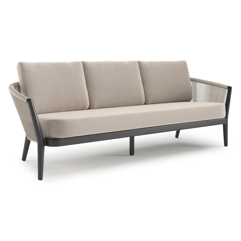 Orso loungebank in zwart aluminium en beige verticaal geweven ronde rope met Slow Farafra all weather sunbrella® luxe kussen