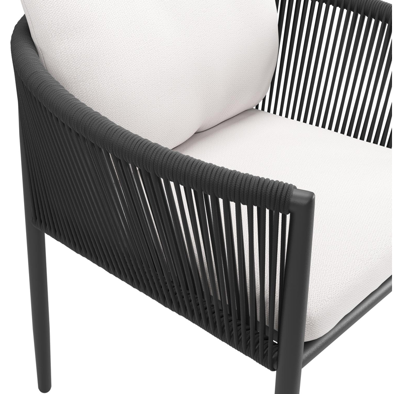 Organo tuinstoel in beige aluminium en beige verticaal geweven ronde rope met stoelkussen in All Weather Sunbrella® Luxe Savane Whisper