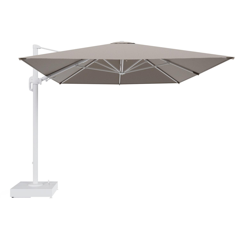 Rufina zweefparasol met tiltfunctie in wit aluminium en Firenze Earth All Weather Solica parasoldoek - L1 400 x L2 300 cm met parasolvoet Minore 150 kg met wielen
