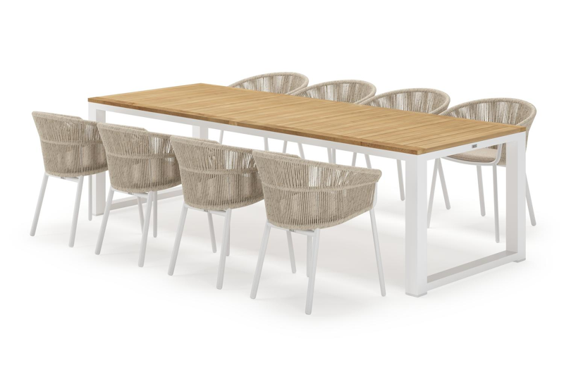 Livo rechthoekige tuinset in wit aluminium en teak natural finish met 8 Matera tuinstoelen