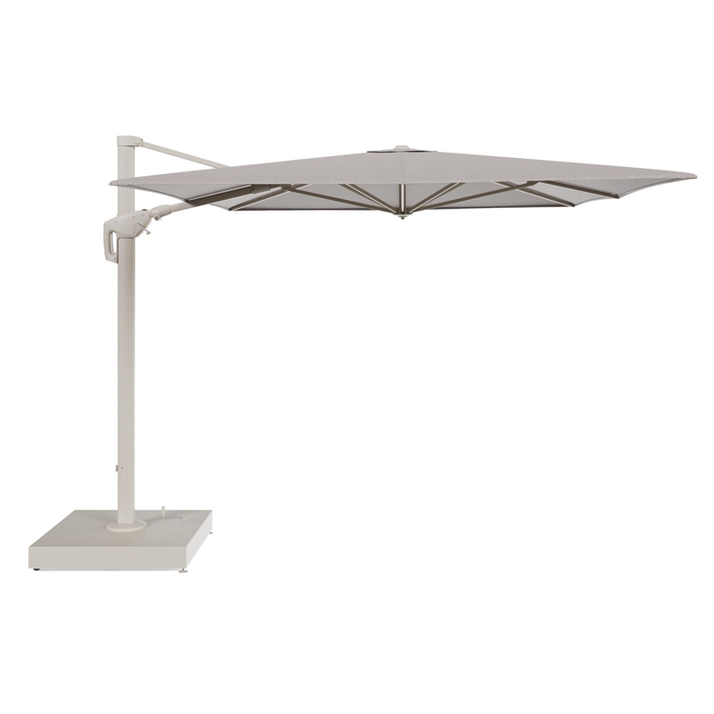 Minore zweefparasol met tiltfunctie in beige aluminium en Wander Granite All Weather Sunbrella® Luxe parasoldoek - L1 400 x L2 300 cm met parasolvoet Minore 260 kg met wielen