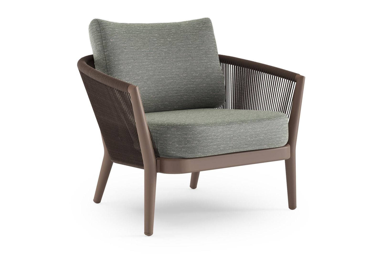 Orso loungestoel in taupe aluminiumen zwart verticaal geweven ronde rope met Slow Fern all weather sunbrella® luxe kussen