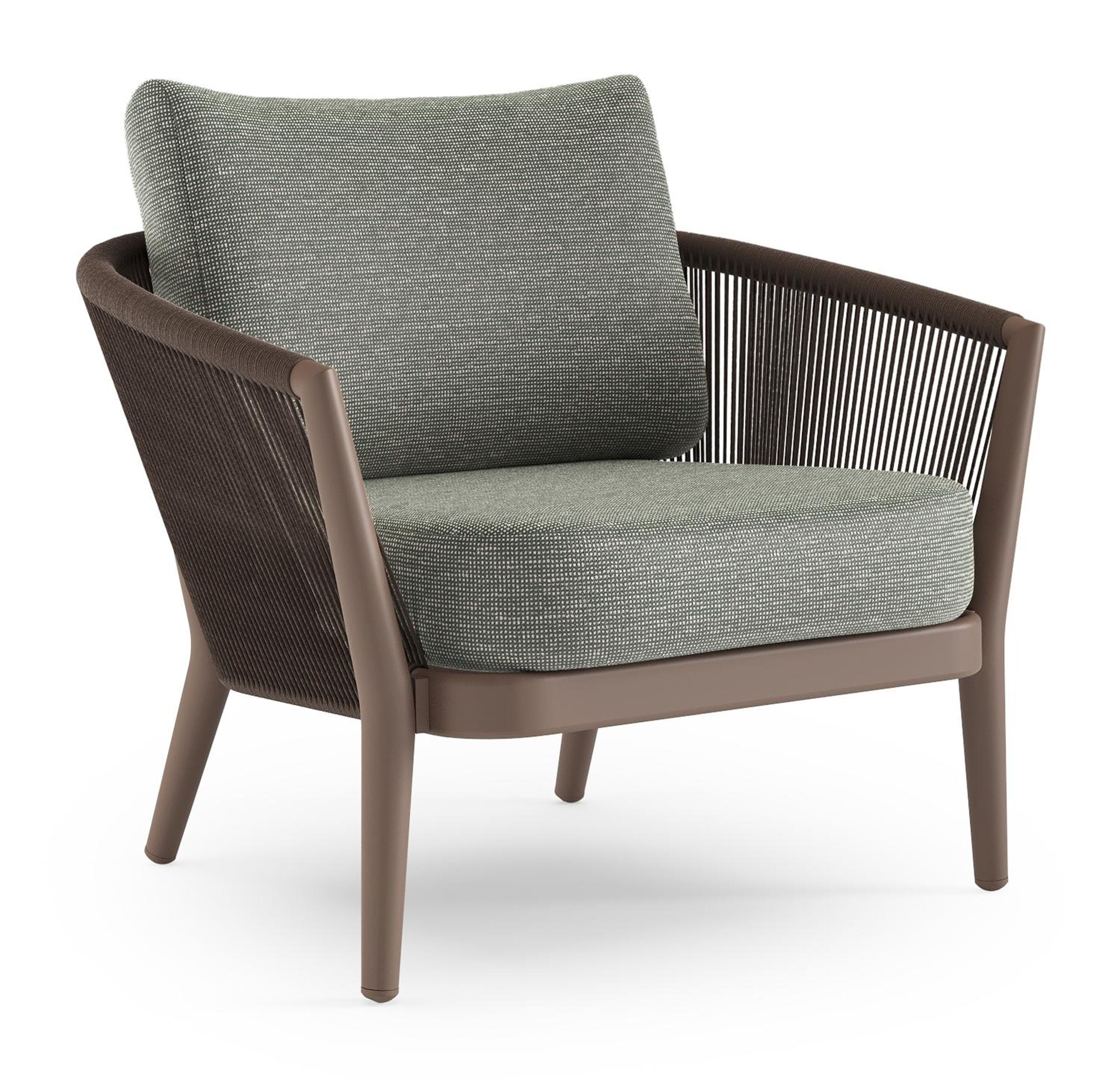 Fauteuil de jardin Orso en aluminium taupe en corde ronde tissée verticalement noir et coussins en all weather sunbrella® luxe Slow Fern