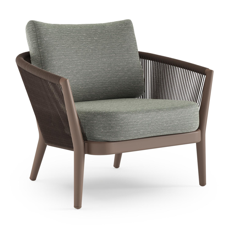 Orso loungestoel in taupe aluminiumen zwart verticaal geweven ronde rope met Slow Fern all weather sunbrella® luxe kussen