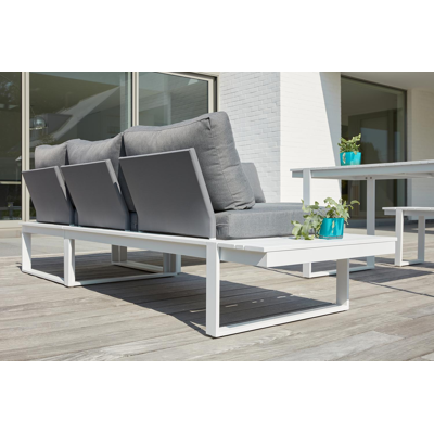 Salon de jardin d'angle Merida en aluminium blanc avec coussins en polyester gris et table basse