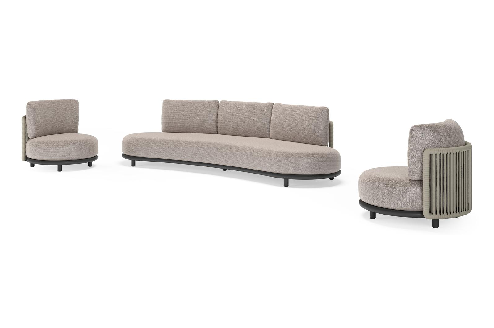 Lomano loungeset in zwart aluminium en beige verticaal geweven luxe vlakke rope met Wander Granite all weather sunbrella® luxe