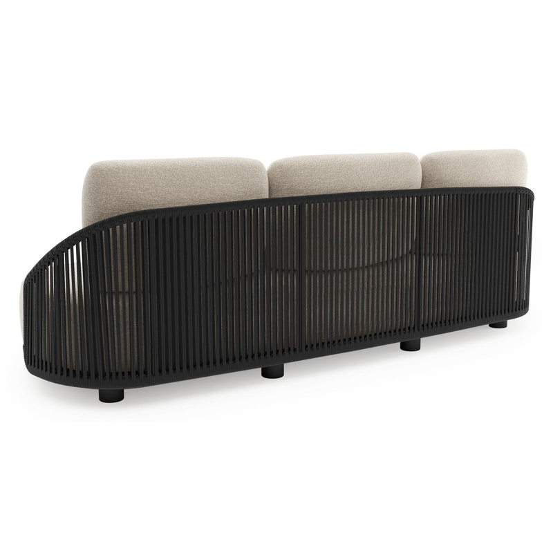 Canapé de jardin Vadelo en aluminium noir et corde ronde tissée verticalement noir et coussins en all weather cosytica marbella ecru