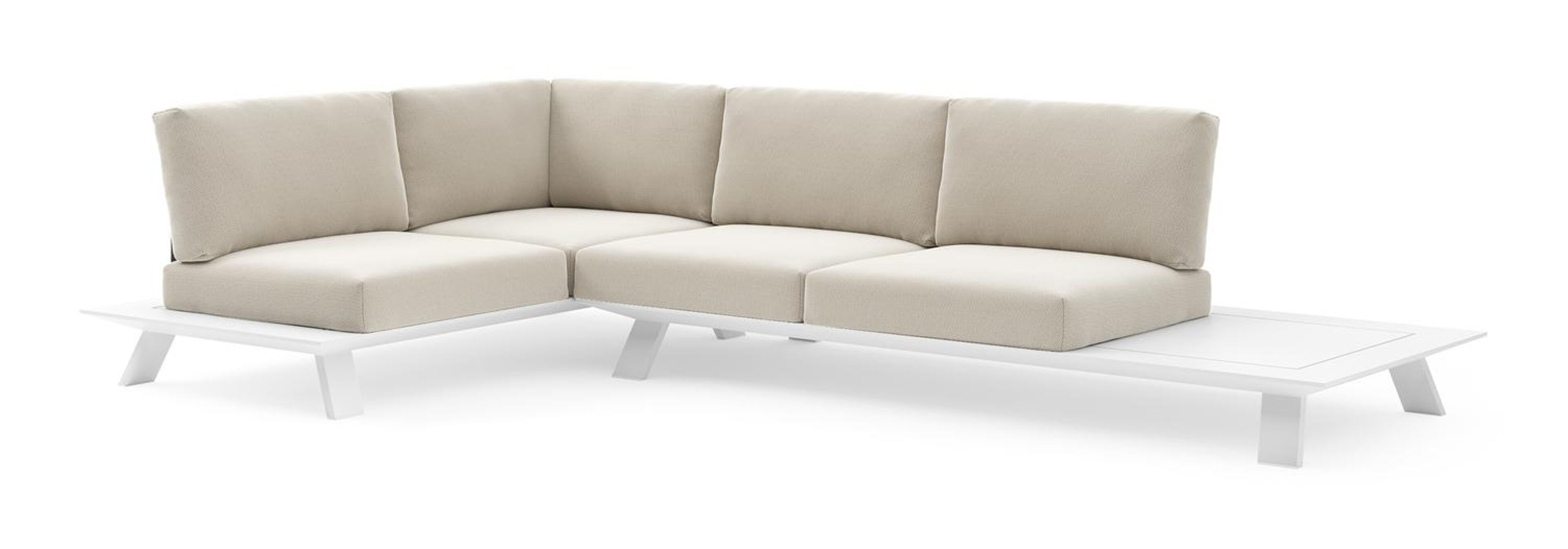 Salon de jardin d'angle Cesano en aluminium blanc et coussin en all weather Sunbrella® luxe lopi marble