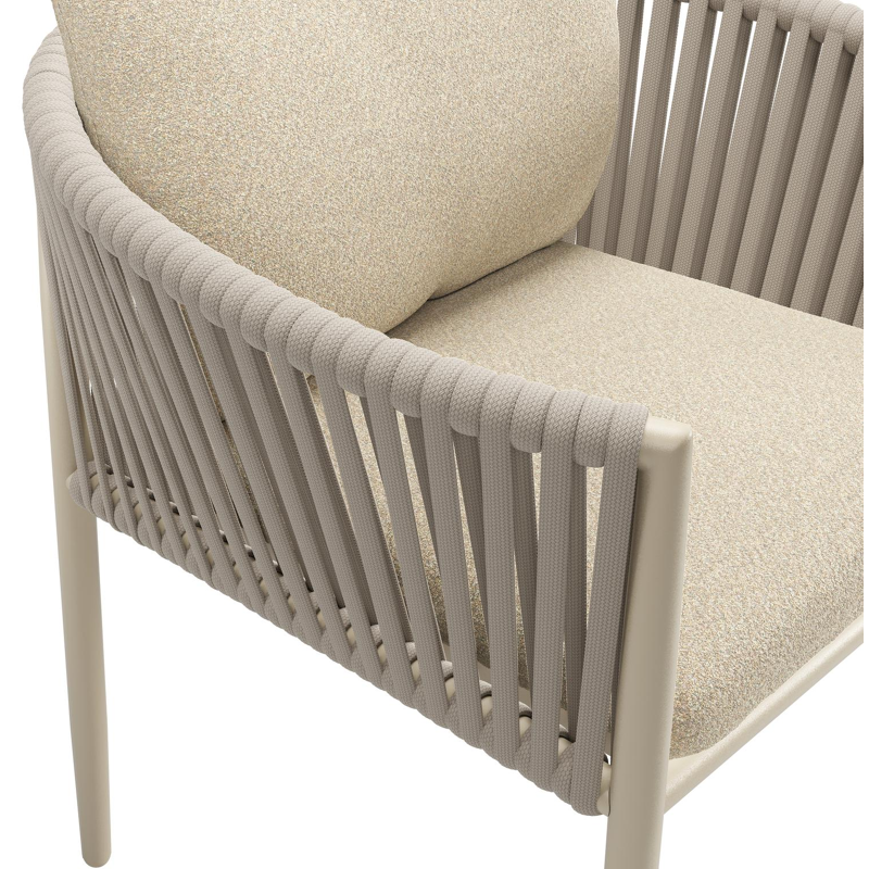Organo tuinstoel in beige aluminium en beige verticaal geweven luxe vlakke rope met zitkussen in All Weather Solica Soul Papyrus