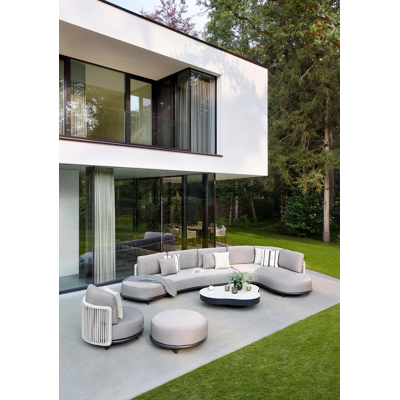 Salon de jardin d'angle Lomano en aluminium noir et corde luxe plate tissée verticalement beige et coussins en all weather cosytica Althea Off White