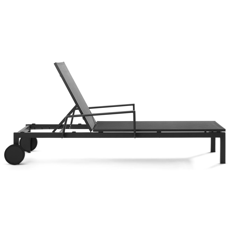 Chaise longue réglable Caravelle en aluminium noir avec textilène noir avec accoudoir