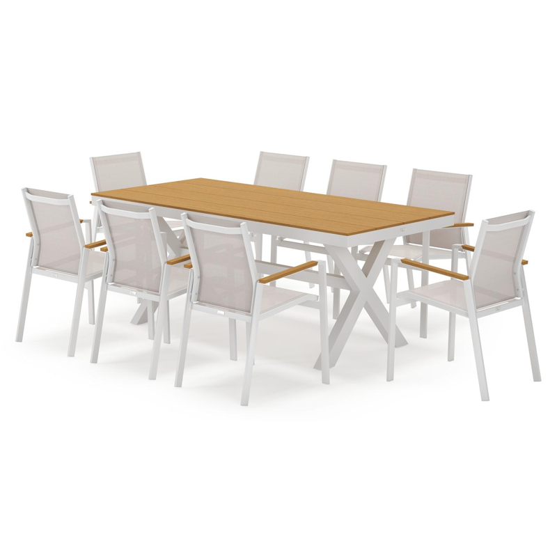 Bahia tuinset rechthoekig in wit aluminium en polywood met 8 Bahia tuinstoelen