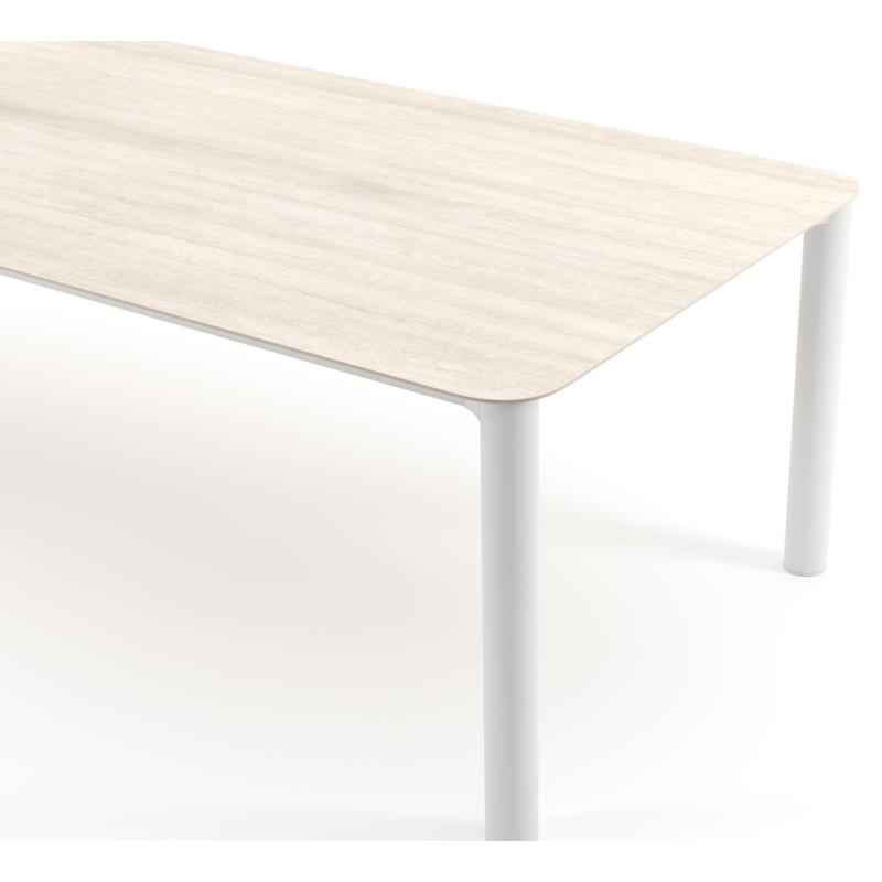 Orso tuintafel rechthoekig afgerond in wit aluminium en volkeramiek Travertino Bianco - L 290 x B 110 x H 73.5 cm