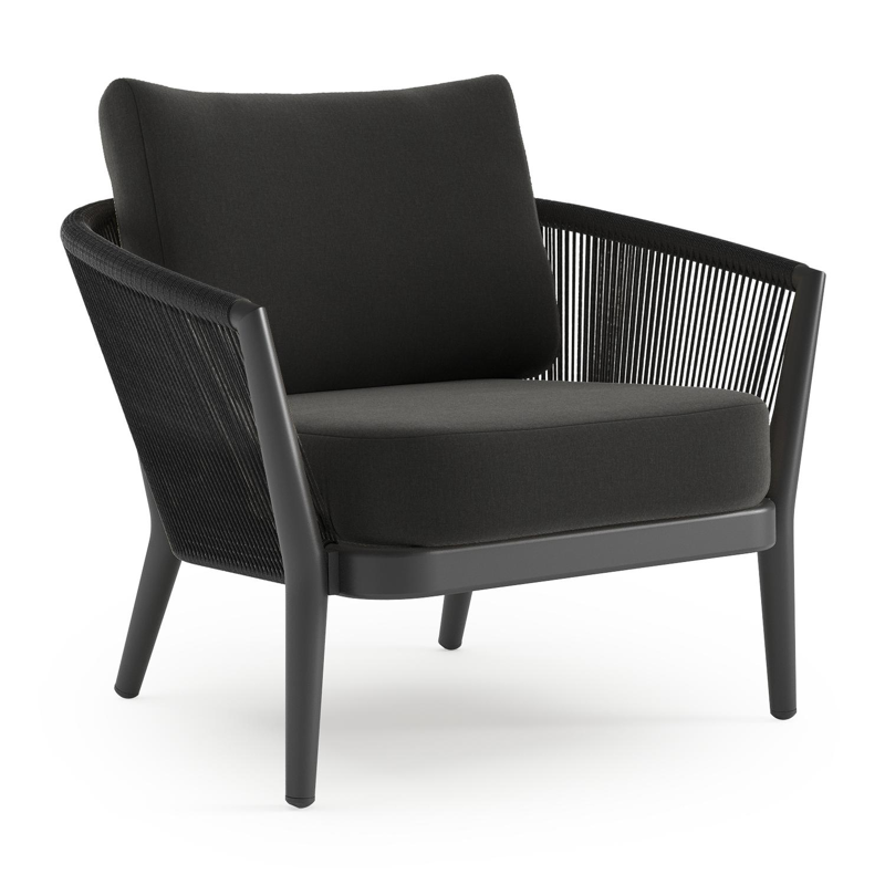 Orso loungestoel in zwart aluminium en zwart verticaal geweven ronde rope met Natte Sooty all weather sunbrella® luxe kussen