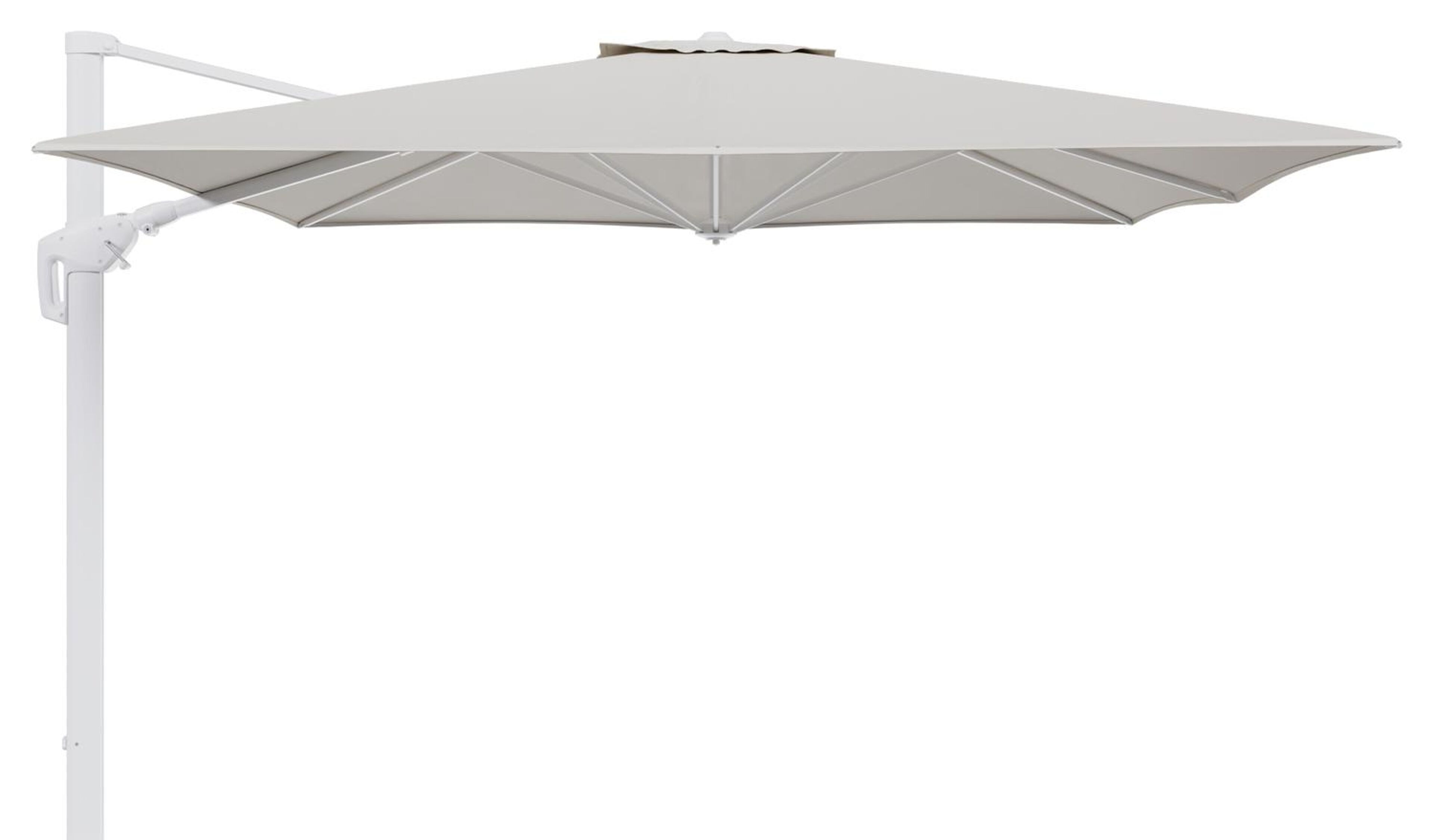 Minore zweefparasol tiltfunctie in wit aluminium en parasoldoek in All Weather Sunbrella® Luxe Lopi Marble  - L1 350 x L2: 350 cm (zonder voet)