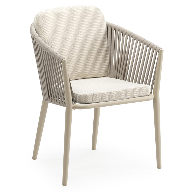 Chaise de jardin Orso en aluminium beige et corde plate tissée verticalement beige avec coussin luxe en All Weather Cosytica Althea Off White