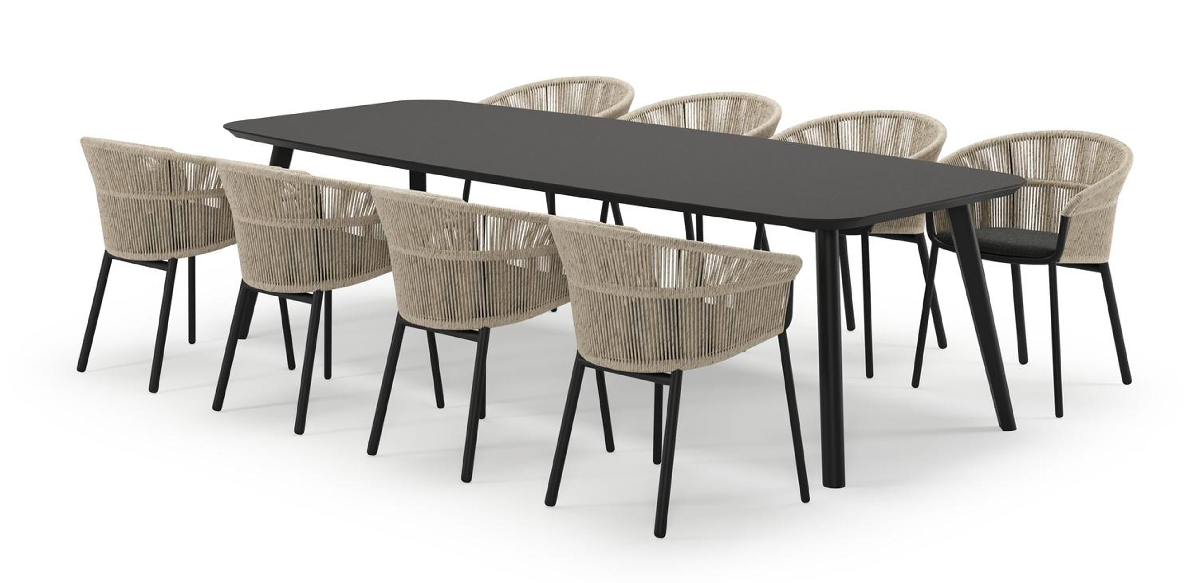 Mosa bootvormige tuinset in zwart aluminium en sintered stone notte minerale met 8 Matera tuinstoelen