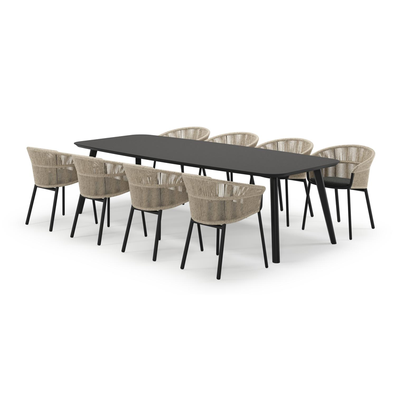 Mosa bootvormige tuinset in zwart aluminium en sintered stone notte minerale met 8 Matera tuinstoelen