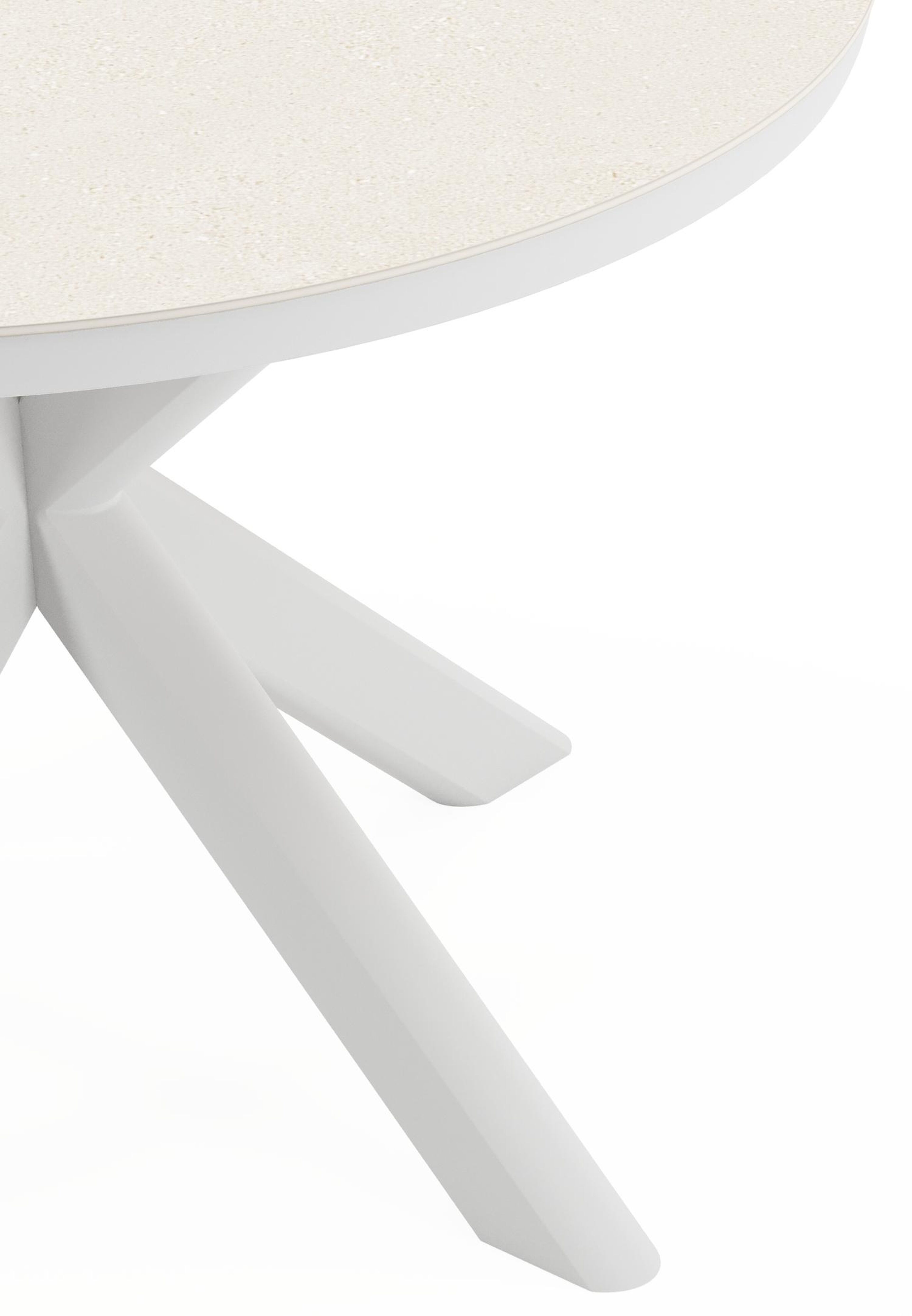 Pamplona ronde tuinset in wit aluminium en sintered stone crema minerale met 4 Matera tuinstoelen