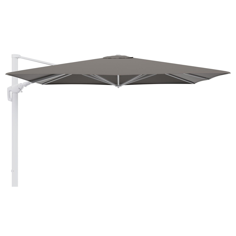 Minore zweefparasol tiltfunctie in wit aluminium en parasoldoek in All Weather Sunbrella® Luxe Natte Carbon Beige  - L1 280 x L2: 370 cm (zonder voet)
