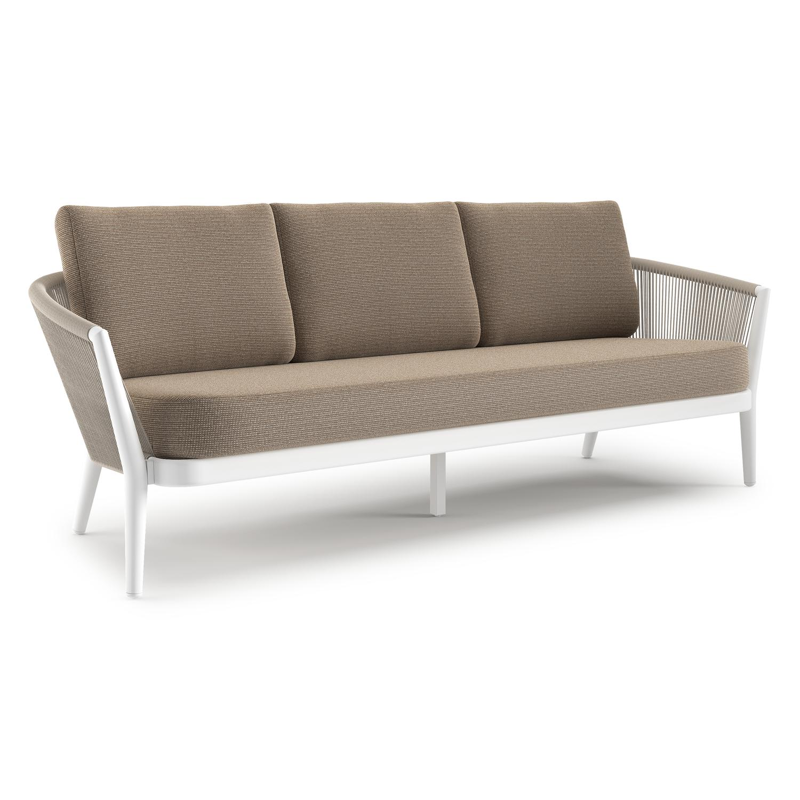Canapé de jardin Orso en aluminium blanc en corde ronde tissée verticalement beige et coussins en all weather solica Firenze Earth