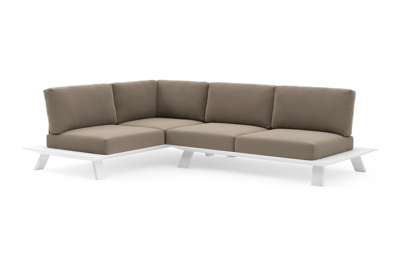 Cesano loungehoek in wit aluminium met natte heather grey all weather Sunbrella® luxe kussen