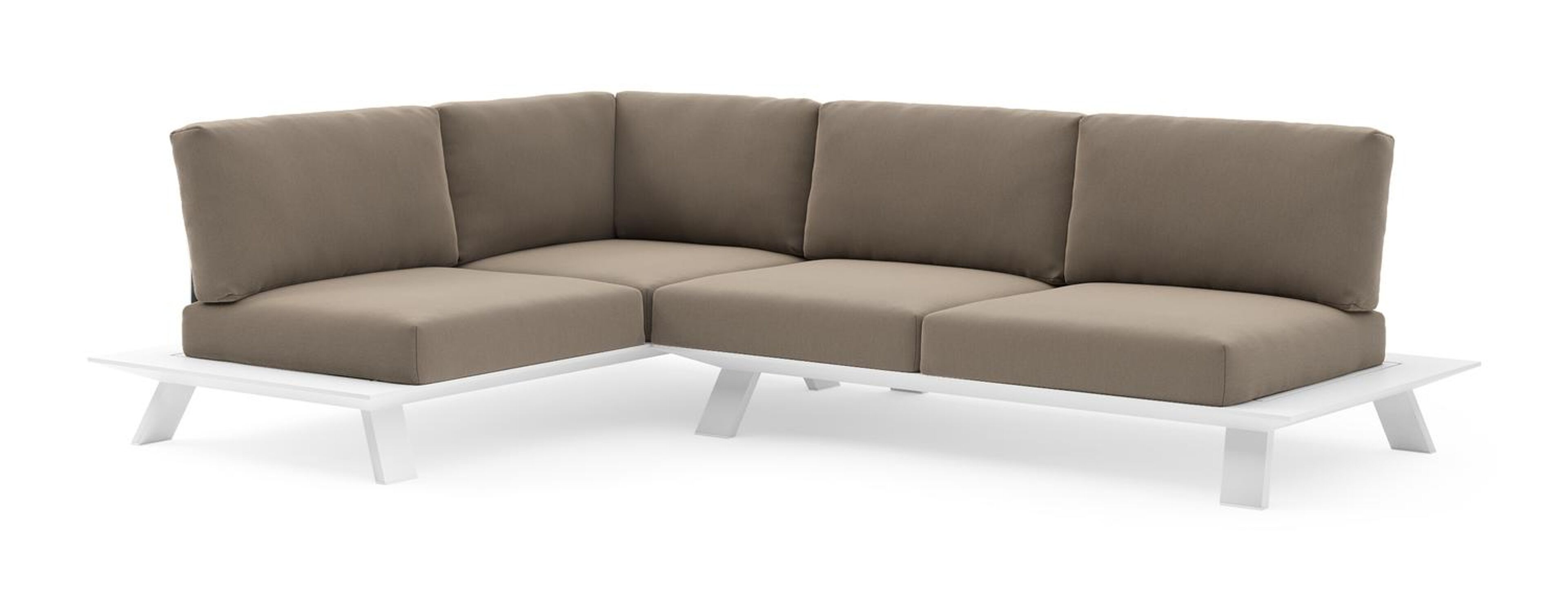 Salon de jardin d'angle Cesano en aluminium blanc et coussin en all weather Sunbrella® luxe natte heather grey