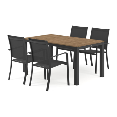 Varese tuinset in zwart aluminium en naturel teak tafelblad met 4 stapelbare Calobra tuinstoelen
