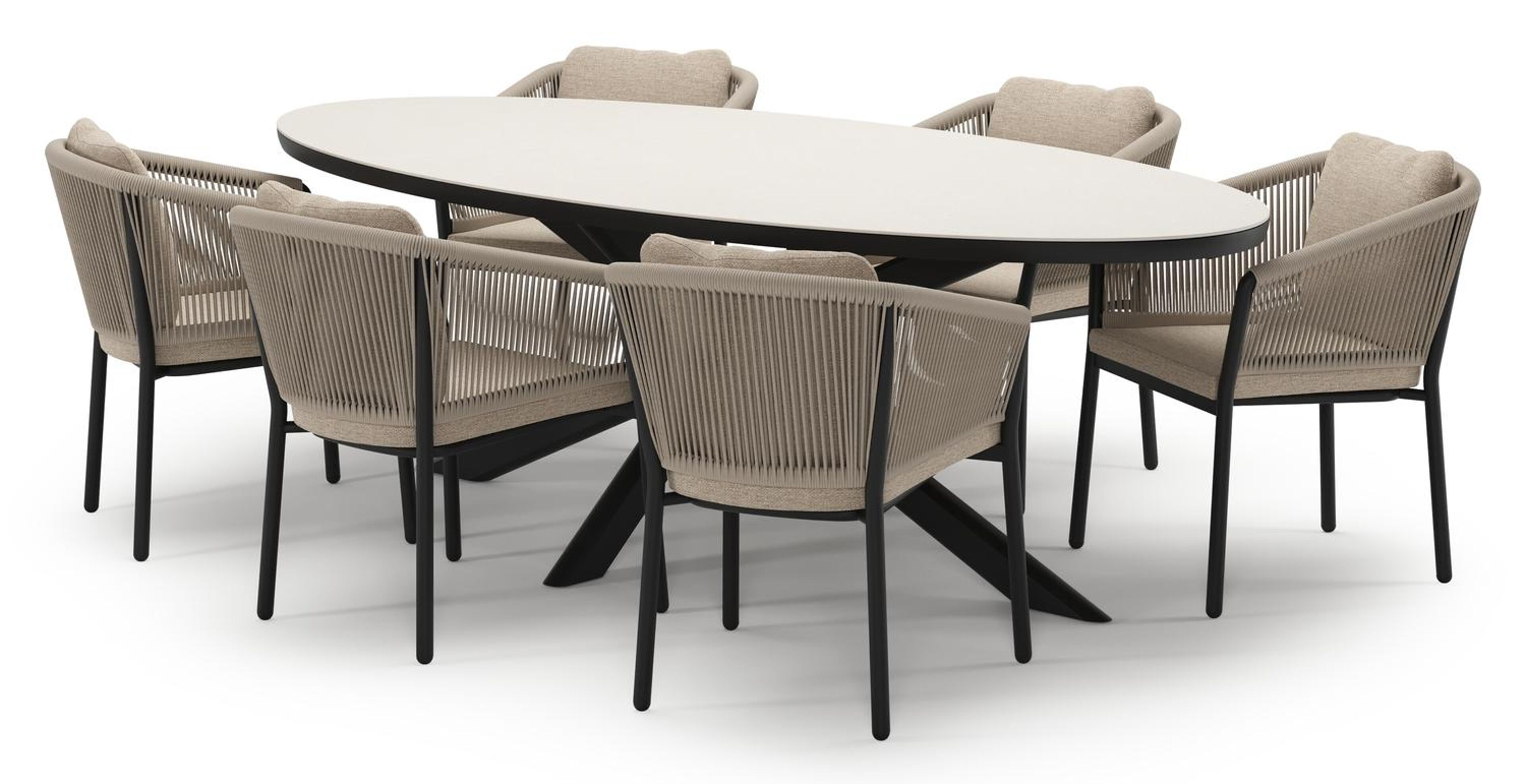 Pamplona tuinset in zwart aluminium en crema minerale sintered stone met 6 Gerona tuinstoelen