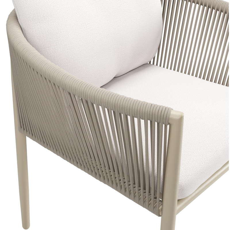 Organo tuinstoel in zwart aluminium en beige verticaal geweven ronde rope met stoelkussen in All Weather Sunbrella® Luxe Savane Whisper