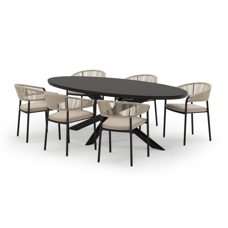 Pamplona ovale tuinset in zwart aluminium en sintered stone notte minerale met 6 Zamora tuinstoelen