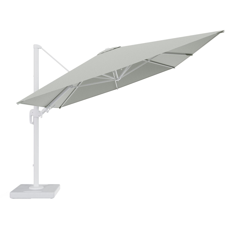 Rufina zweefparasol tiltfunctie in wit aluminium en parasoldoek in All Weather Sunbrella® Luxe Slow Spirea - L1 400 x L2 300 cm met parasolvoet Lapido 160 kg