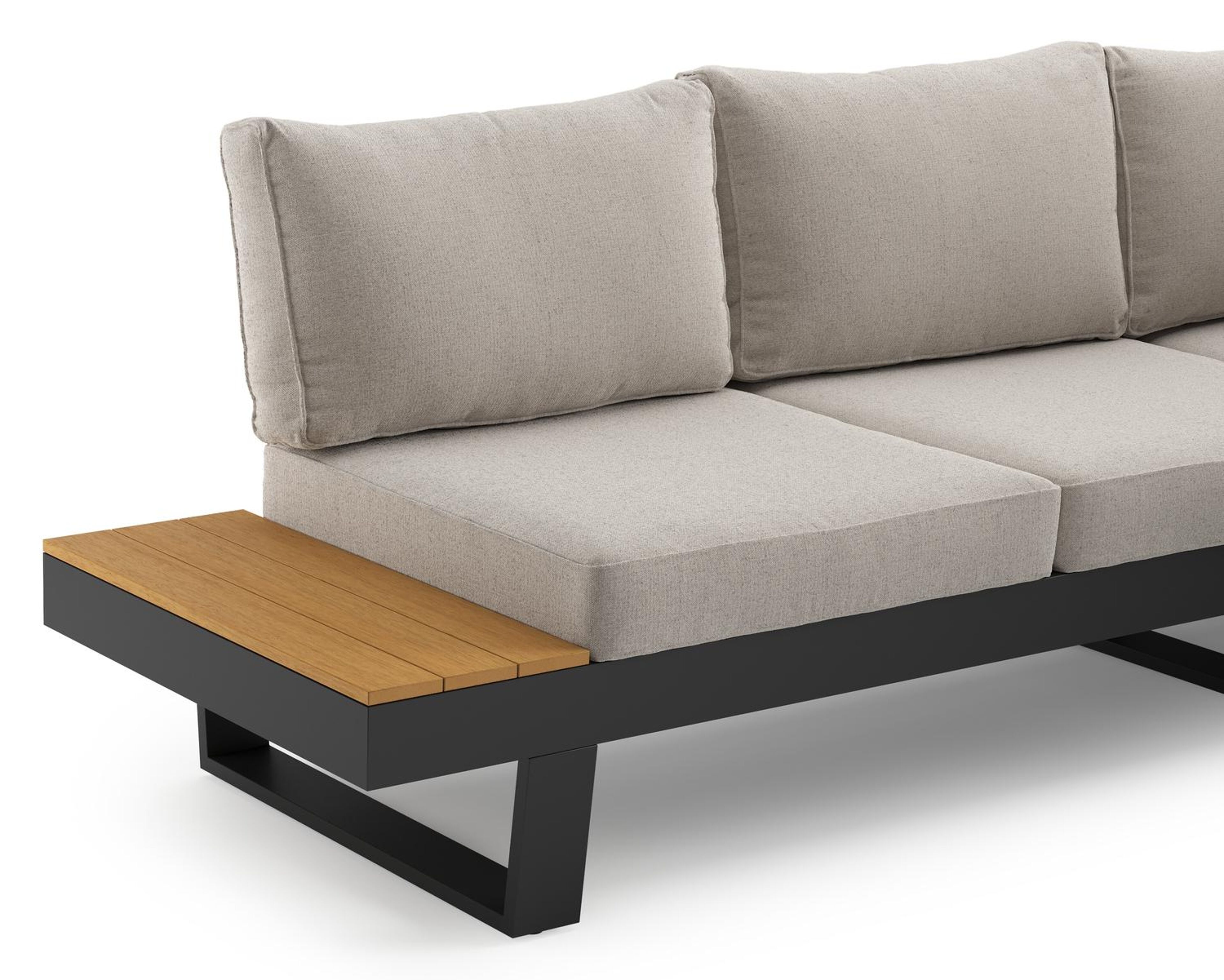 Alora loungehoek in zwart aluminium met beige weather+ softtouch kussens en loungetafel