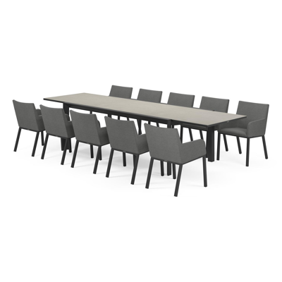 Aspra tuinset met verlengbare tafel in zwart aluminium en grijs volkeramiek op glas tafelblad met 10 Rivo tuinstoelen