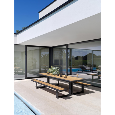 Merano picknicktafel in zwart aluminium en teak tafelblad - L 300 x B 181 x H 73 cm