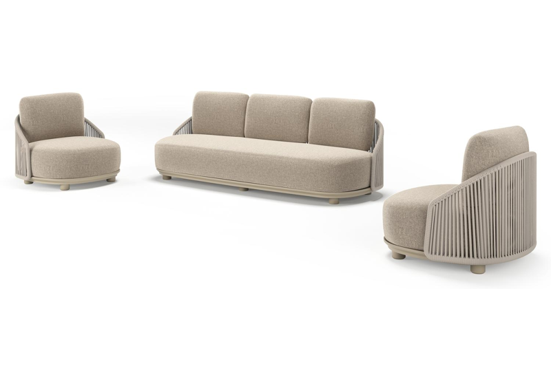 Vadelo loungeset in beige aluminium en beige verticaal geweven ronde rope met chartres pewter all weather sunbrella® luxe kussen