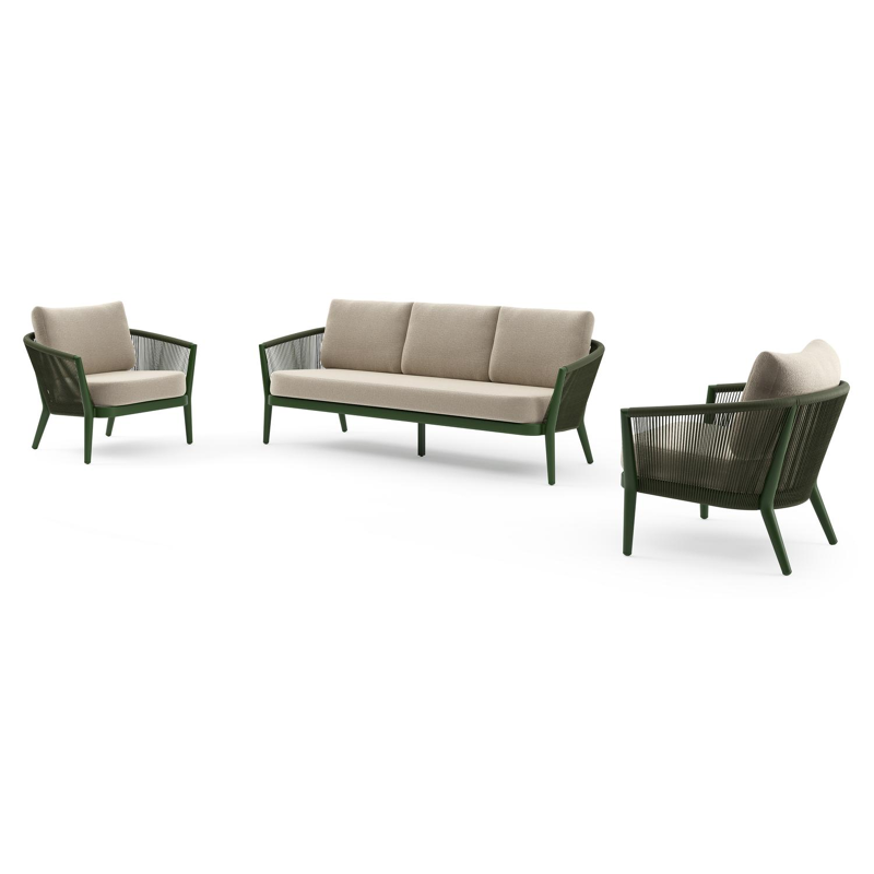 Orso loungeset in groen aluminium en groen verticaal geweven ronde rope met Marbella Sand all weather cosytica kussen
