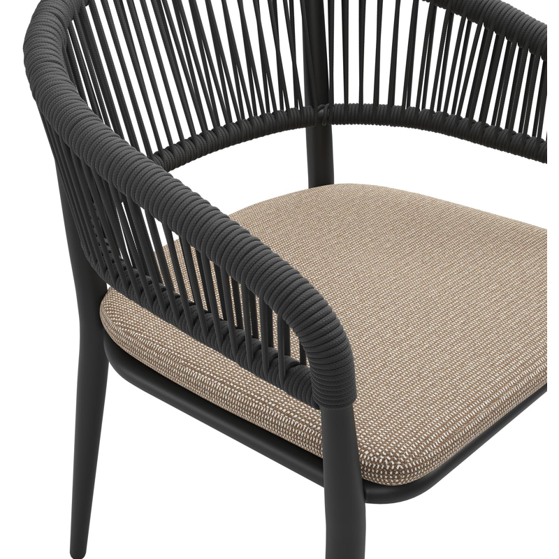 Tolfa stapelbare tuinstoel in zwart aluminium en zwart verticaal geweven ronde rope met stoelkussen in All Weather Solica Firenze Earth