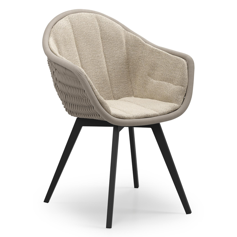 Chaise de jardin Pagino en aluminium noir et corde ronde tissée verticalement beige avec coussin en marbella sand all weather cosytica