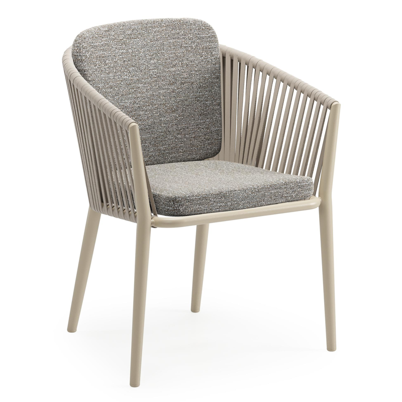 Chaise de jardin Orso en aluminium beige et corde plate tissée verticalement beige avec coussin en All Weather Sunbrella® Luxe Tundra Pepper