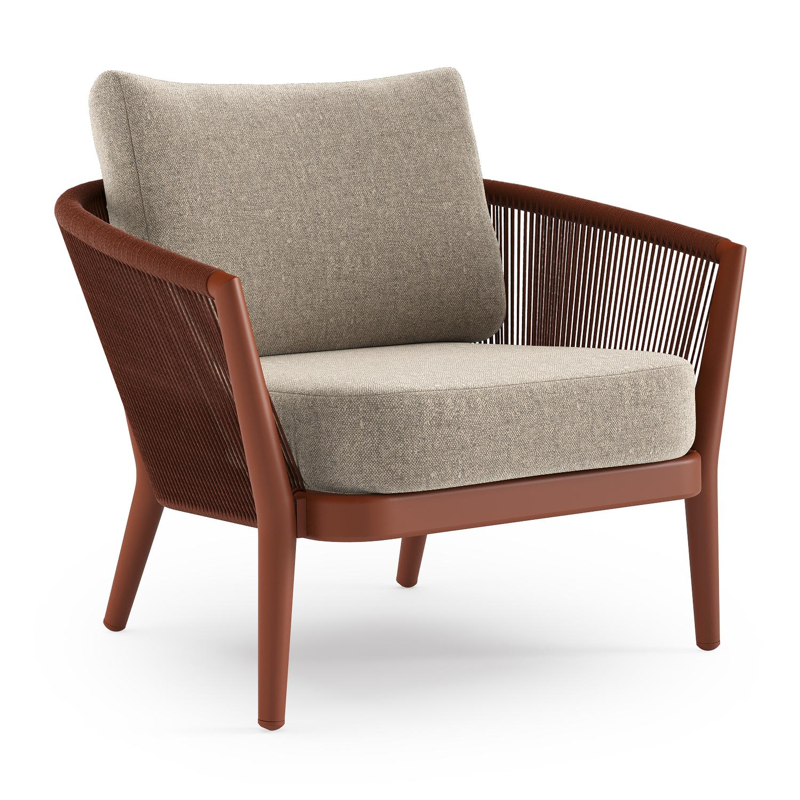 Orso loungestoel in roestbruin aluminium en roestbruin verticaal geweven ronde rope met Chartres Pewter all weather sunbrella® luxe kussen