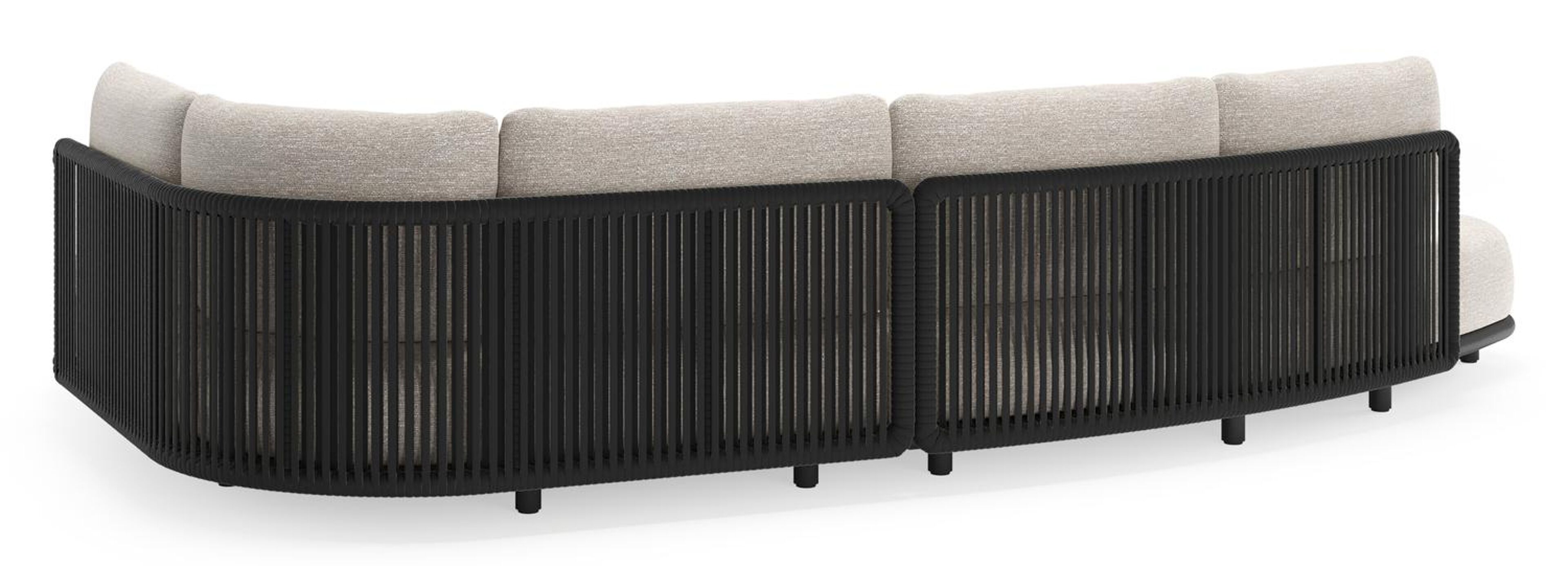 Lomano loungehoek in zwart aluminium en zwart verticaal geweven luxe vlakke rope met tundra sand all weather sunbrella® luxe kussen