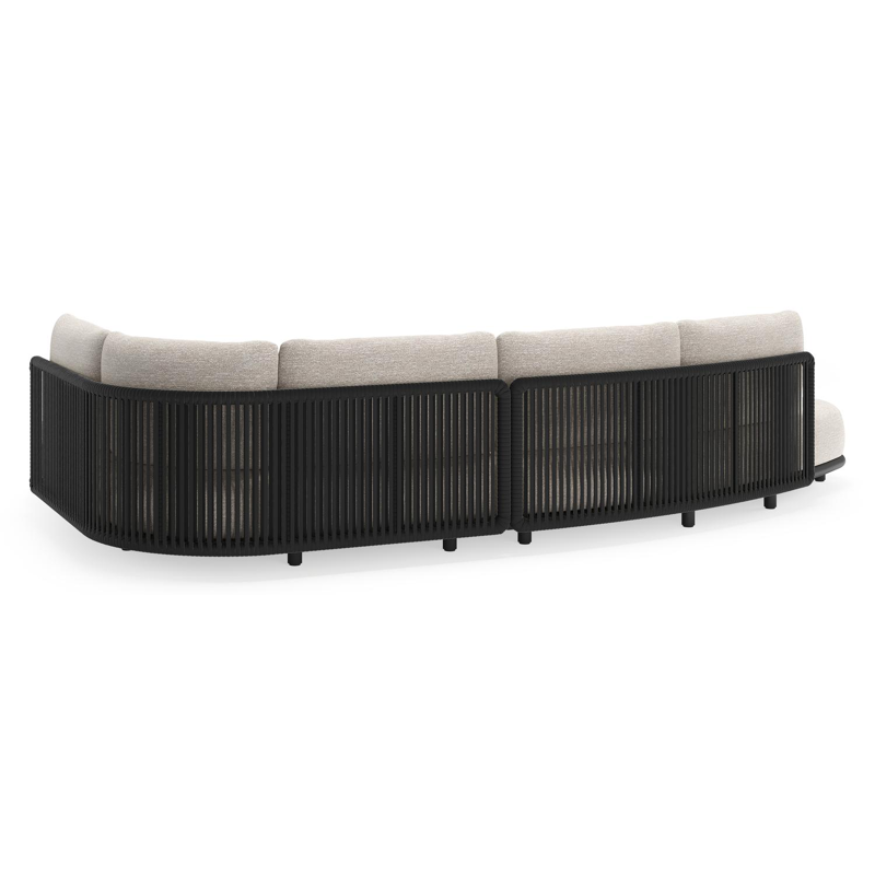 Lomano loungehoek in zwart aluminium en zwart verticaal geweven luxe vlakke rope met tundra sand all weather sunbrella® luxe kussen
