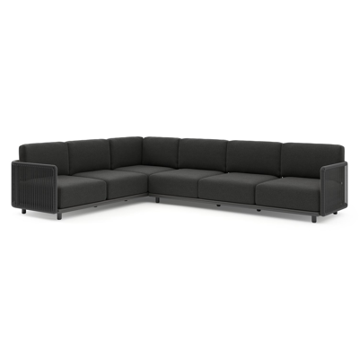 Organo loungehoek in zwart aluminium en zwart verticaal geweven luxe vlakke rope met chartres sooty all weather sunbrella® luxe kussens