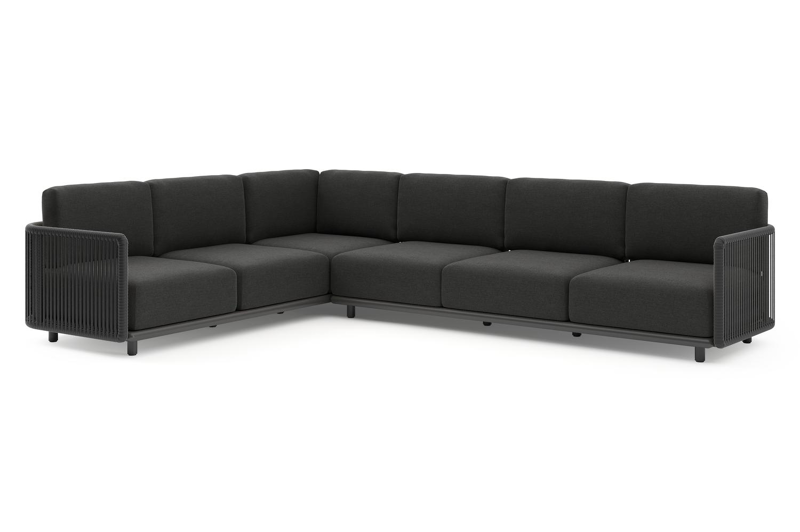 Organo loungehoek in zwart aluminium en zwart verticaal geweven luxe vlakke rope met chartres sooty all weather sunbrella® luxe kussens