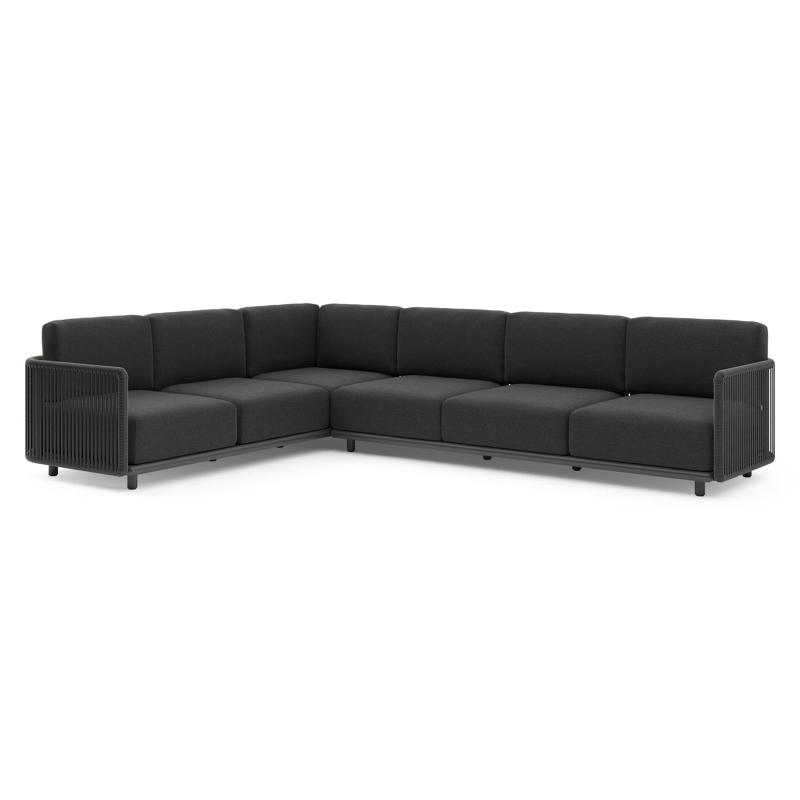 Organo loungehoek in zwart aluminium en zwart verticaal geweven luxe vlakke rope met chartres sooty all weather sunbrella® luxe kussens