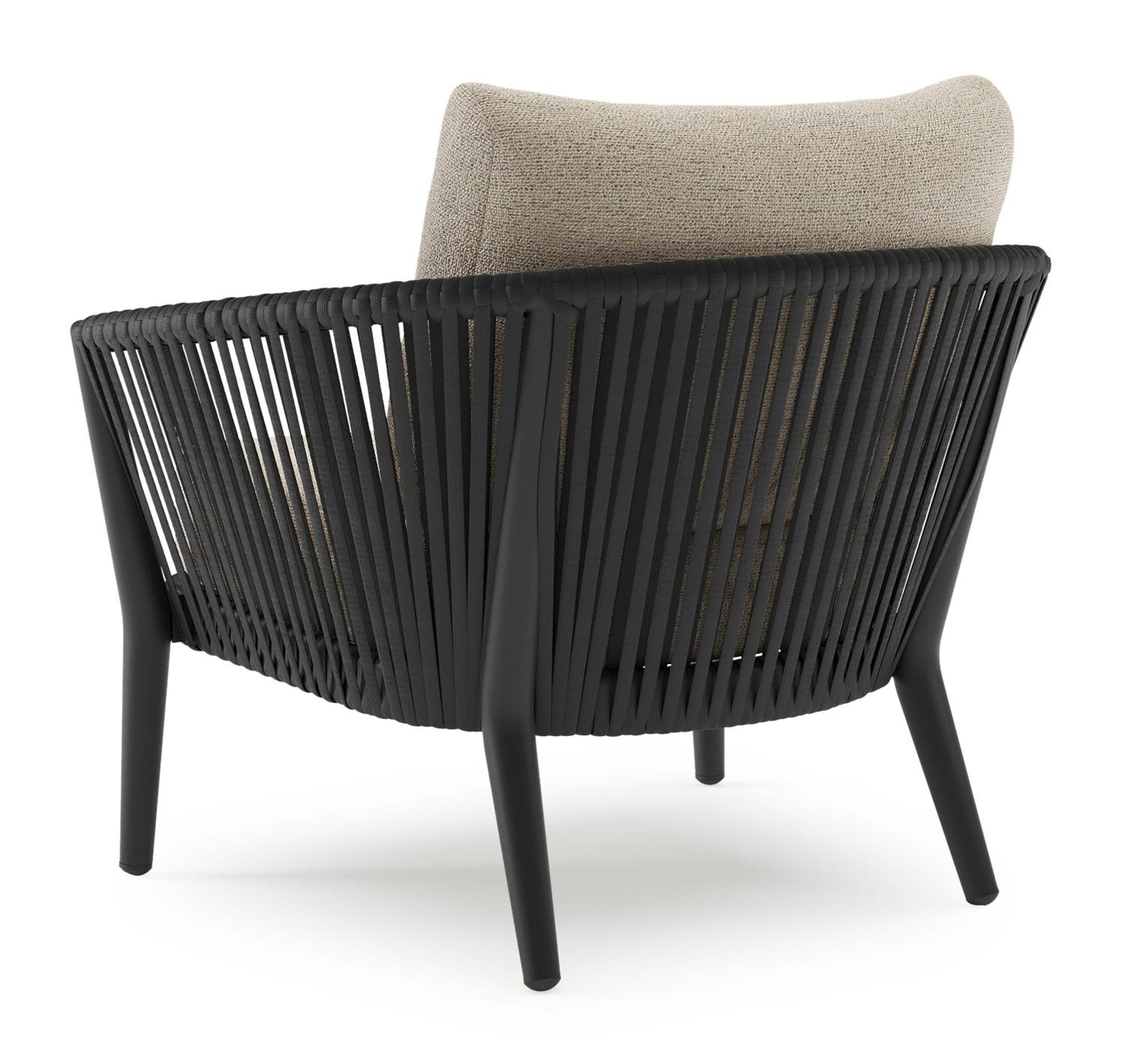 Fauteuil de jardin Orso en aluminium noir en corde luxe plate tissée verticalement noir et coussins en all weather cosytica Marbella Beige